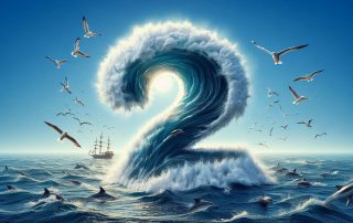 The number two rising out of an ocean wave